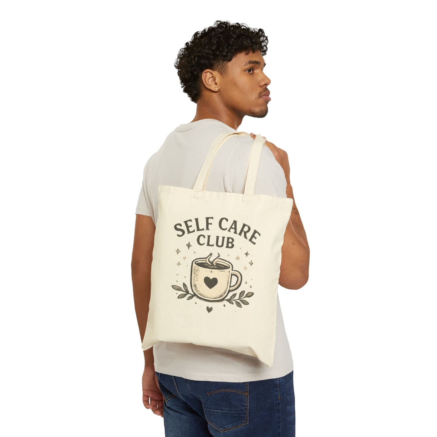 Self Care Club Tote Bag — Cotton Canvas Tote with Cozy Coffee Design